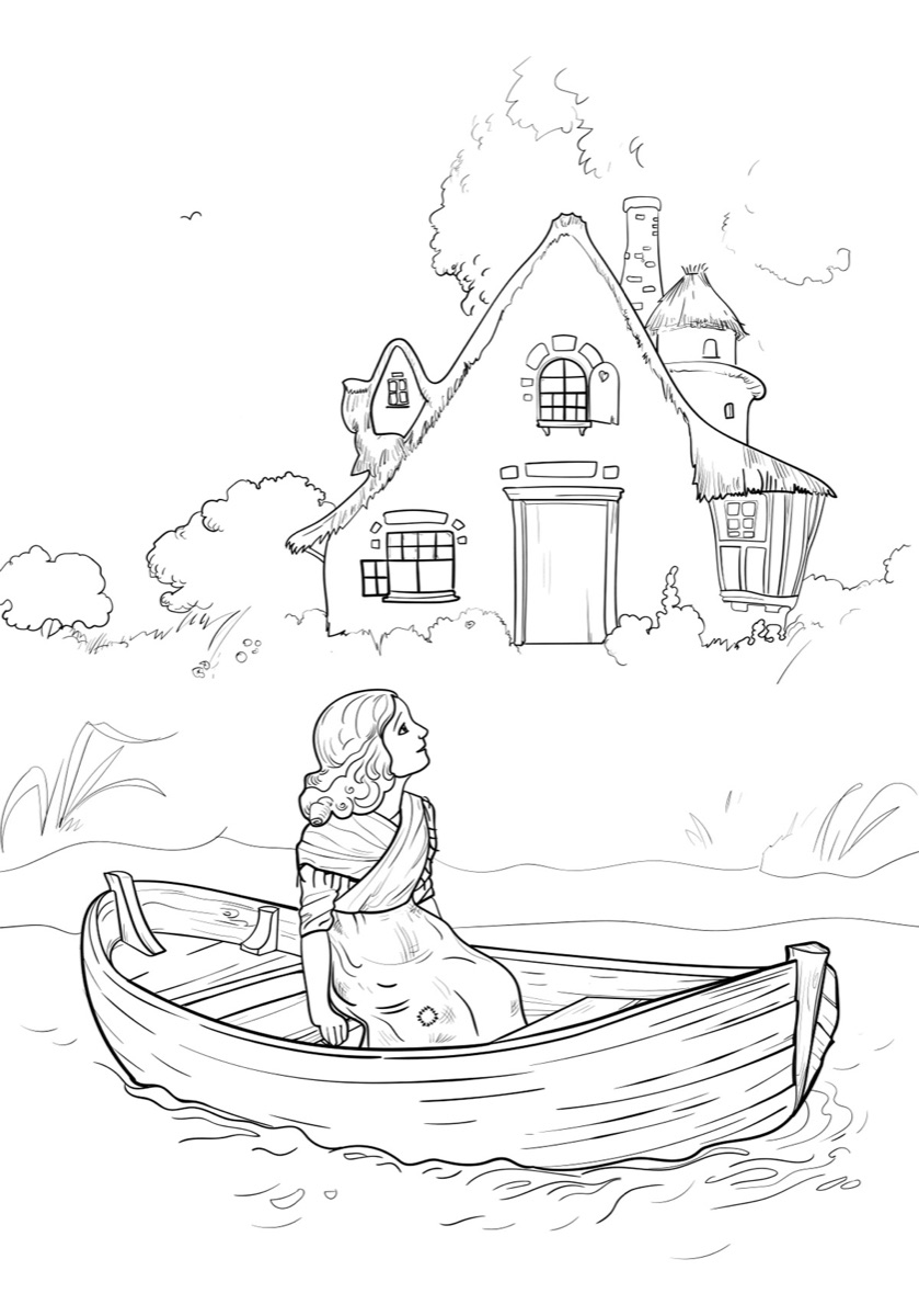 Ausmalseite: Gerda im Boot